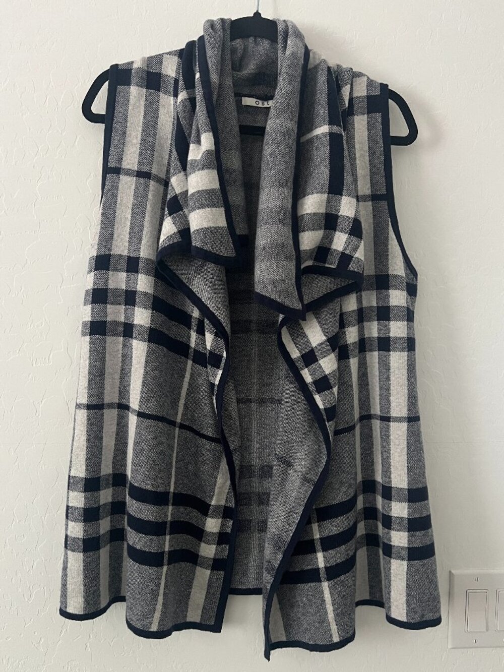 OST Cotton Cashmere Plaid Waterfall Open Front Sweater Vest Cardigan Gray L